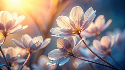 Tiny flower petals unfolding slowly in the soft morning light, revealing intricate details of their delicate structure and subtle colors, botanical, natural