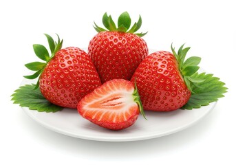 Four ripe strawberries, including a halved one, arranged on a white plate with green leaves
