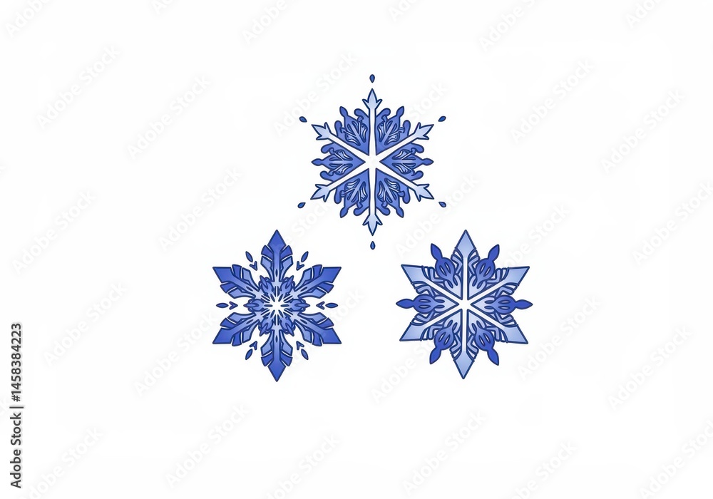 Poster three blue snowflake designs with intricate patterns arranged on a white background for winter or ho