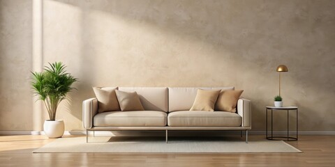 A sleek and modern sofa sits in front of a neutral beige wall background, surrounded by minimalist decor and plenty of natural light , beige walls, clean lines