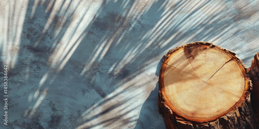 Poster wood texture in sunlight: a cross section of a wooden log with the pattern of growth rings on a text