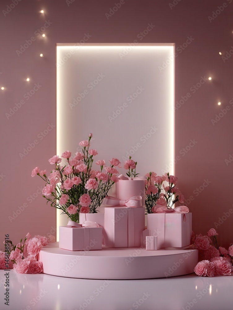 Poster a soft and ultra-bright 3d scene with a front-facing camera angle, an empty podium, surrounded by vi