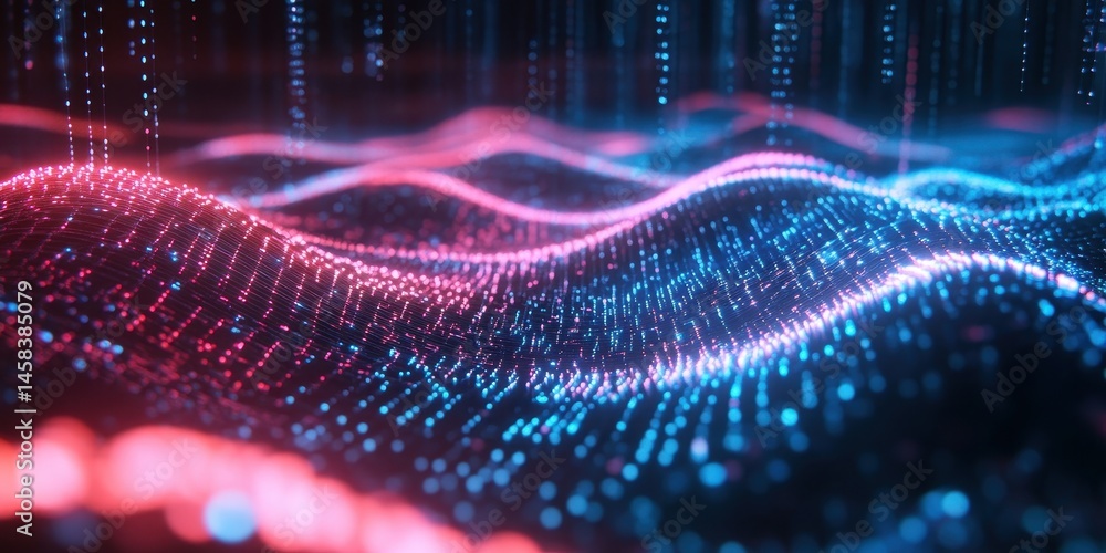 Poster digital waveform: abstract visualization of data flow, showcasing dynamic, colorful waveforms with g