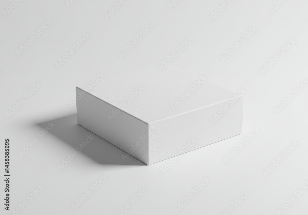 Poster a simple white rectangular box sits on a white surface with a soft shadow in a studio setting