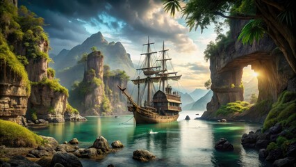 A majestic galleon sails into a secluded cove on Skull Island, its grandeur and power evident amidst the island's eerie atmosphere , ancient ruins, ocean voyage