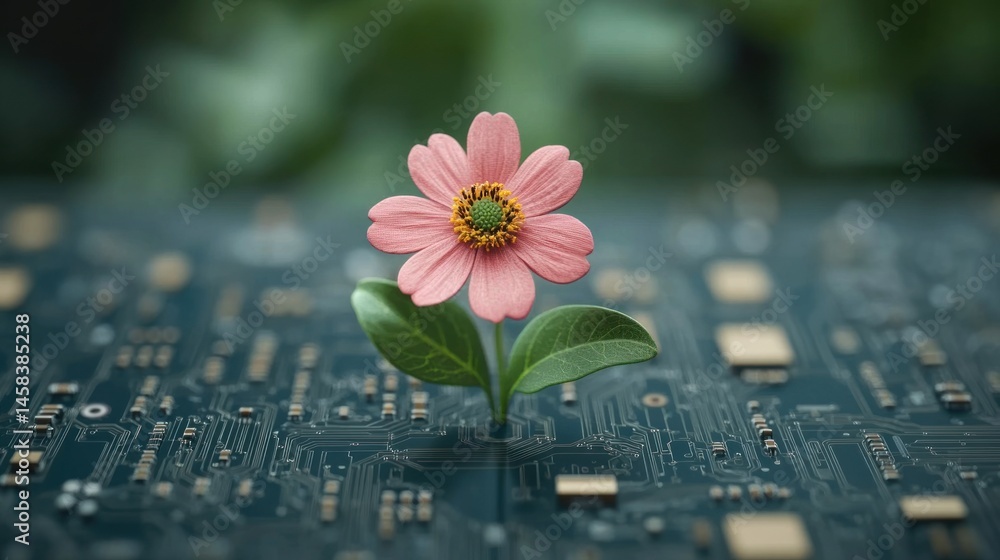 Aufkleber a vibrant pink flower grows from a circuit board, symbolizing the fusion of nature and technology fo