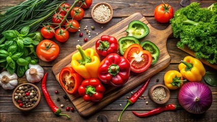 A sliced bell pepper arranged artfully on a rustic wooden cutting board, surrounded by other colorful vegetables and garnished with fresh herbs , food, meal prep