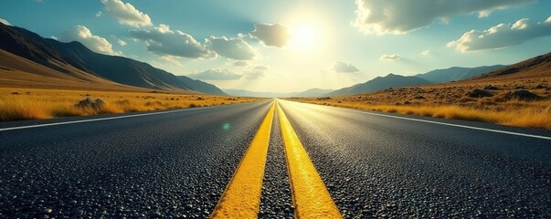 - Harsh sunlight on coarse blacktop, vibrant yellow road markings recede to distant vanishing point , blacktop, vanishing point