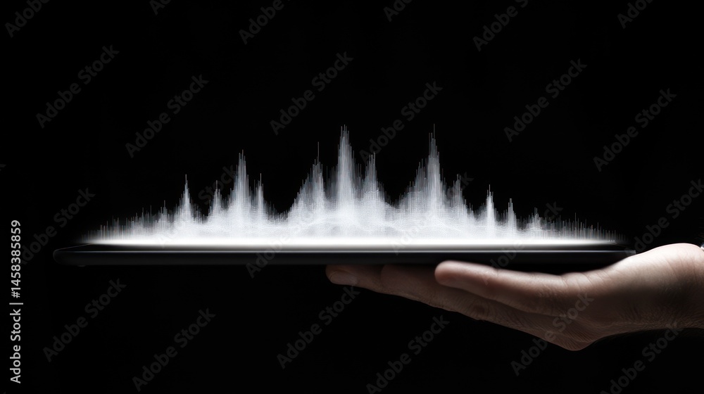 Poster data visualization: abstract soundwave displayed on tablet