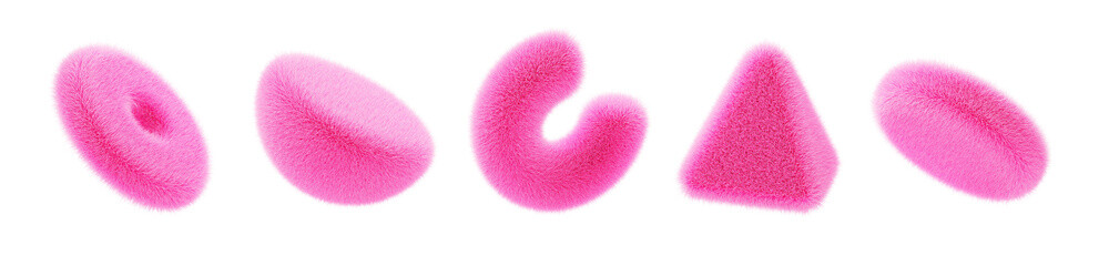 Pink fur fluffy geometric 3d shapes render icon set. Furry triangle, cylinder, half sphere, torus, circle tube with hair texture. Abstract soft fuzzy wool figures, isolated elements