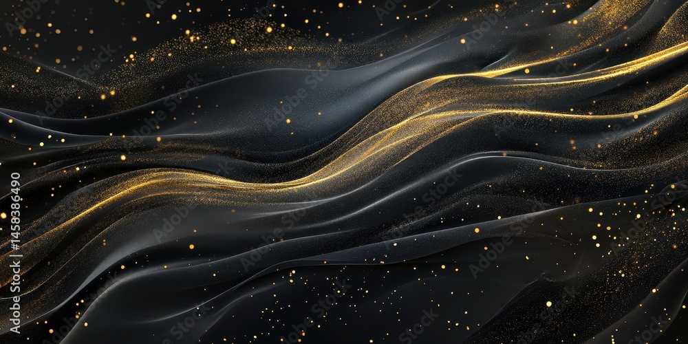 Poster elegant golden swirls: luxurious abstract artwork featuring flowing lines of golden and black elemen