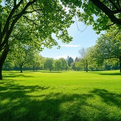 Fototapeta premium Sunny day in a green park. A serene view of a lush green park under a clear blue sky, evoking feelings of peace and nature's tranquility. Perfect for spring or summer backgrounds.