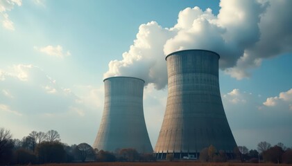 Massive plume of steam billows from industrial cooling tower , generation, cloud, industrial