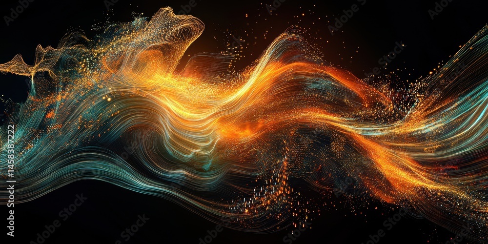 Poster fiery dynamics: an abstract and breathtaking display of flowing particles, blending warm and cool co