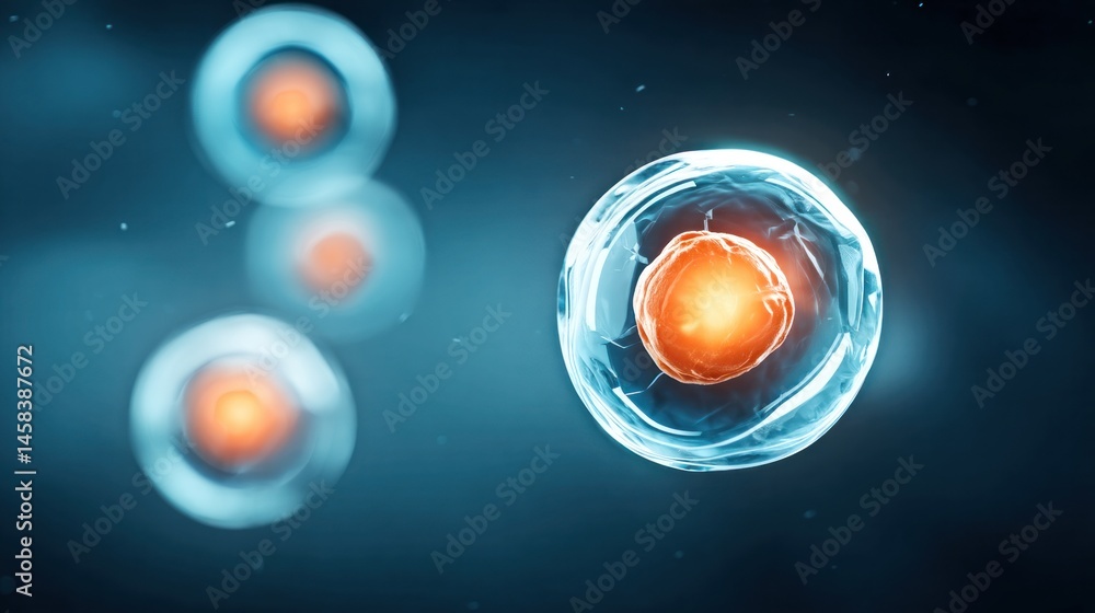 Leinwandbilder a microscopic view shows multiple translucent cells with bright orange nuclei floating in a dark blu