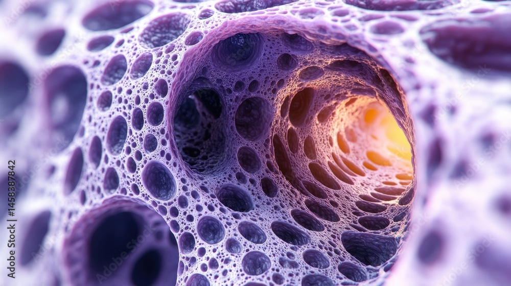Poster Intricate network of interconnected purple and white textured porous surface with illuminated depth creating mesmerizing abstract background pattern.