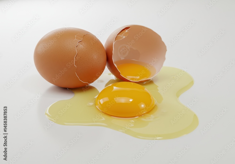 Poster broken egg with yolk and shell on a white surface, alongside an intact egg, creating a simple food c