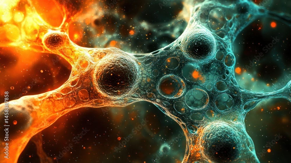 Poster An abstract microscopic rende features luminous spheres and interconnected cellular structures in vibrant shades of orange and blue creating