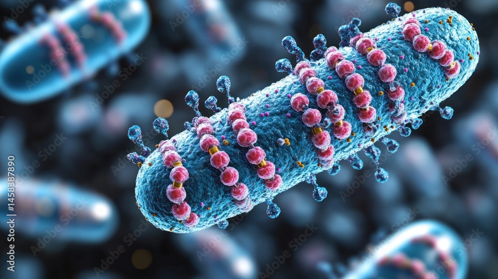 Aufkleber detailed rende of a bacterial cell reveals its intricate structure and features on a dark blurred ba