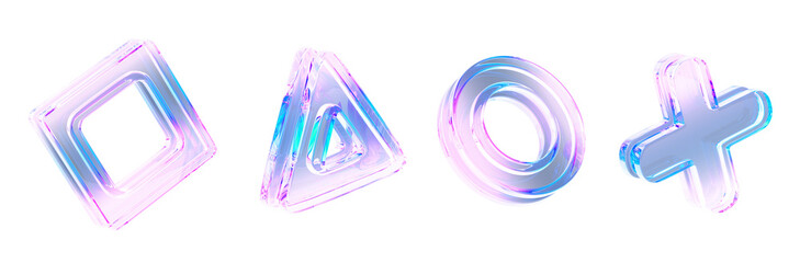 3d glass holographic transparent square, triangle, circle, cross on light background render icon set. Abstract geometric shapes with rainbow color effect, neon pink blue gradient