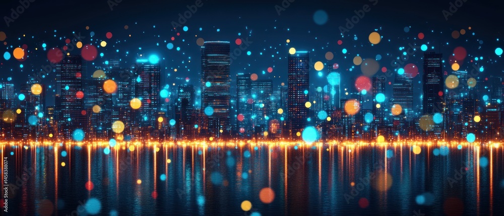 Aufkleber A futuristic cityscape glows with vibrant bokeh lights reflected in the water, creating a magical and ethereal nighttime ambiance.