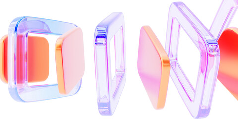 3d colorful background with glass holographic transparent square frames and plastic orange plates render. Abstract geometric shapes with rainbow color gradient, dispersion light