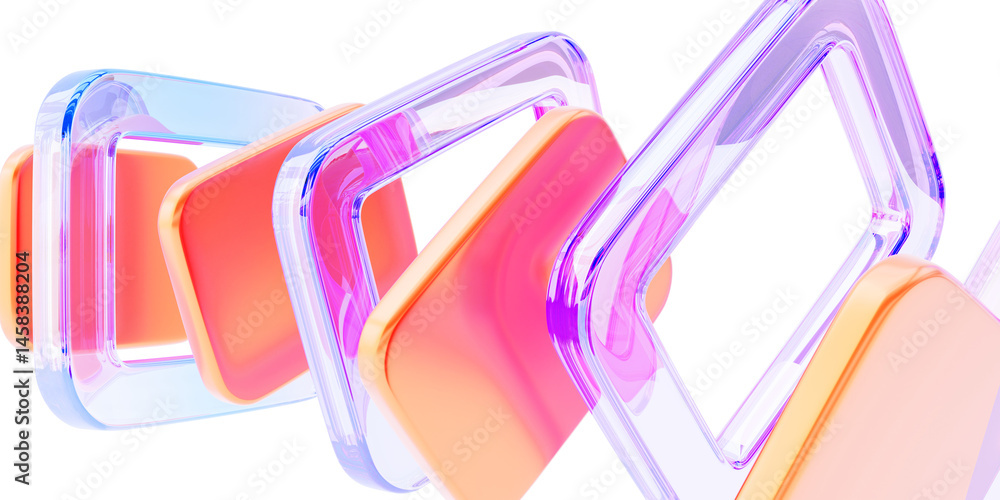 Poster Abstract colorful 3d background with glass and plastic shapes render. Dynamic tech banner, transparent light holographic square frames with creative bright rainbow gradient rectangles