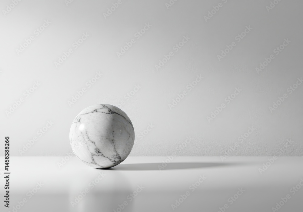 Poster marble sphere with gray veins rests on a white surface in a minimalist studio setting with soft ligh