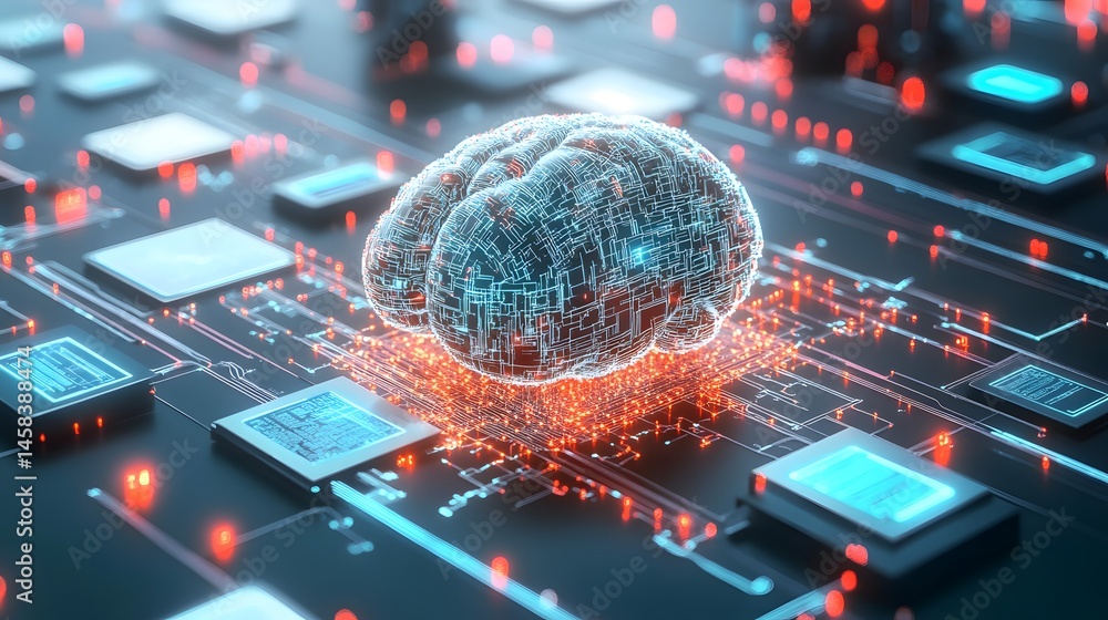 Poster digital brain superimposed on complex circuit board.