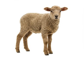 Fototapeta premium Full body portrait of a young lamb with curly wool standing on a white background