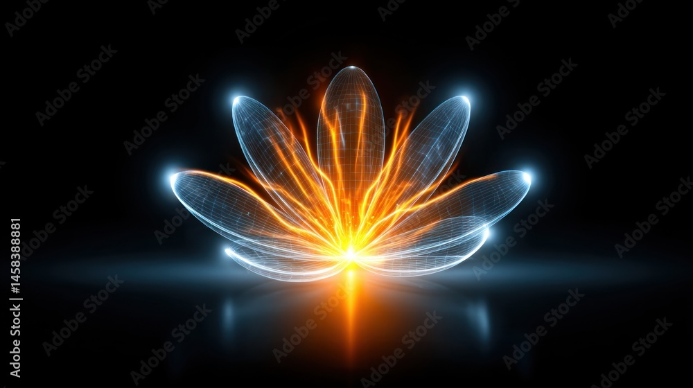 Poster a glowing lotus flower with digital wireframe and vibrant orange and blue light emanating from its c