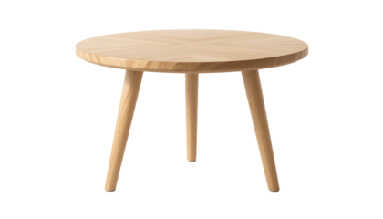 Modern Minimalist Round Wooden Table PNG with Three Tapered Legs—Light Wood Finish, Compact and Stylish for Home, Office, or Cafe interiors