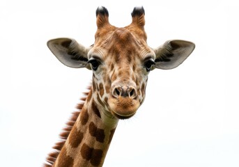 Close-up portrait of a giraffe with its distinctive spotted pattern against a bright, clear white background