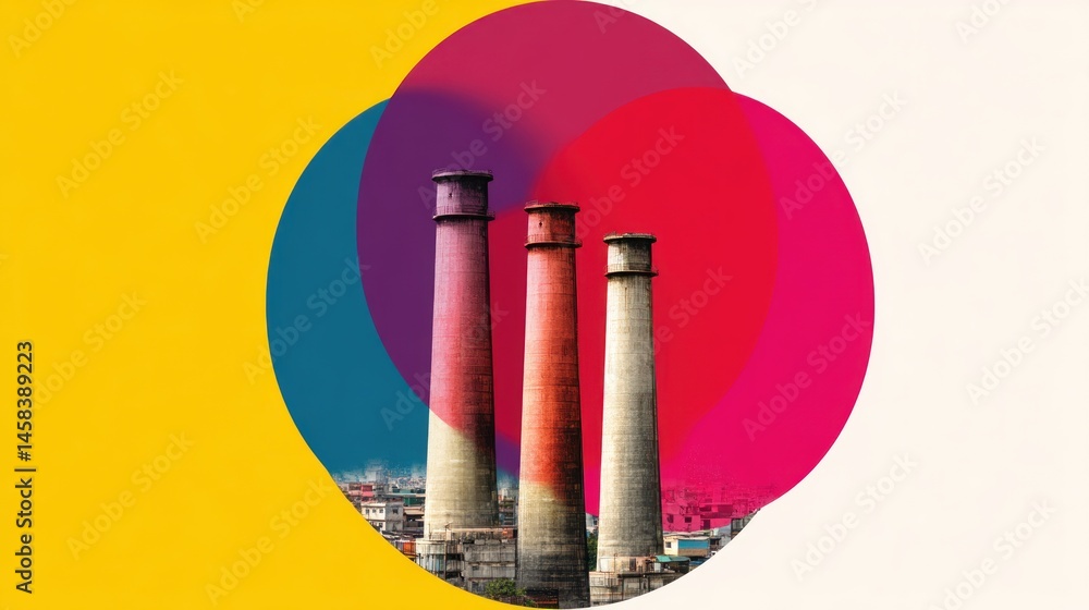 Poster three tall brick industrial chimneys stand against a vibrant background of overlapping colorful circ