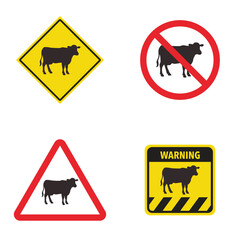Set of cow crossing traffic sign. Vector illustration of yellow triangle warning sign and white cirle warning sign with deer icon inside. Wild forest animals likely to be in road ahead. Caution cow