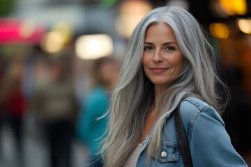 Fototapeta premium Elegant Senior Woman with Long Silver Hair Exploring a Lively City Street in Casual Fashion as People and Shops Blur in Background.