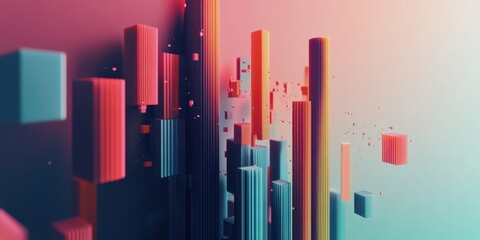 Obraz premium Abstract Cityscape: Vivid, colorful geometric shapes rise and fall, creating a dynamic and futuristic urban landscape.