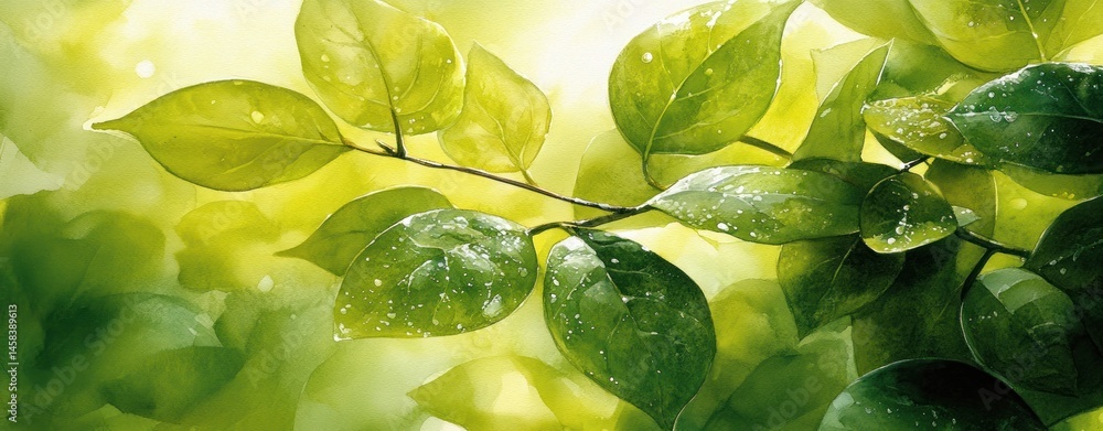 Poster watercolor painting depicts fresh green leaves and branch creating a calm and inviting natural envir