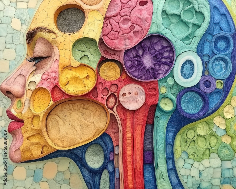 Poster a vibrant and abstract artistic representation of a human head showing the complexity of the brain a