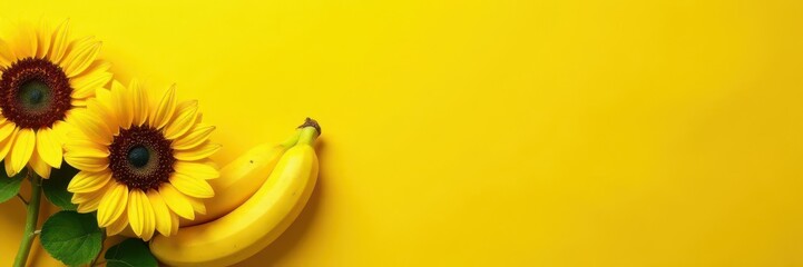 Obraz premium Vibrant sunflowers & bananas, sunny yellow backdrop, still life, composition, bloom