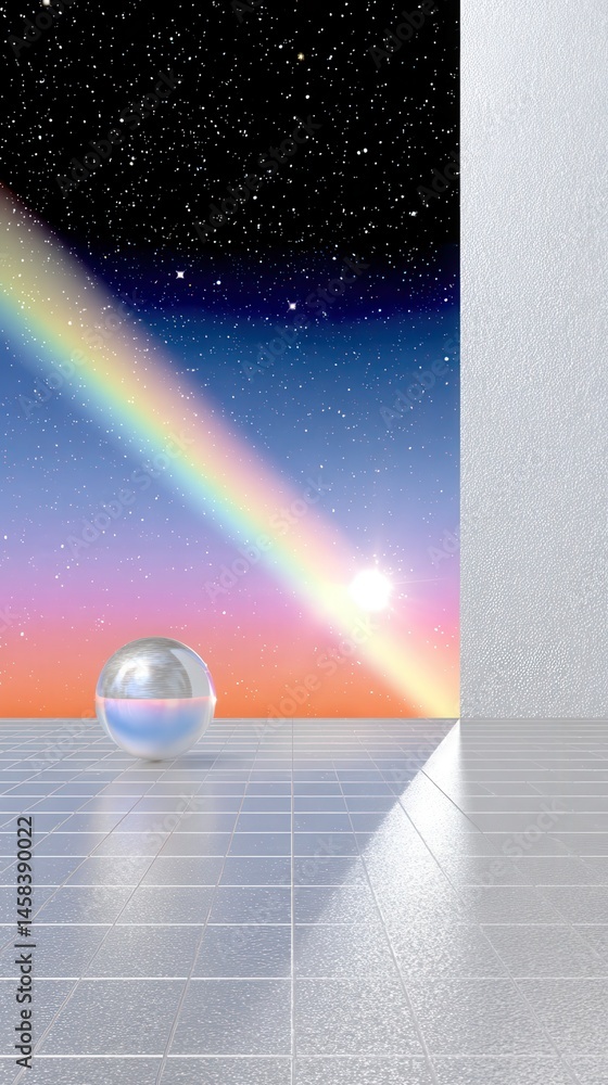 Poster a retro-futuristic vaporwave scene featuring a glowing iridescent sphere hovering over a white 3d gr