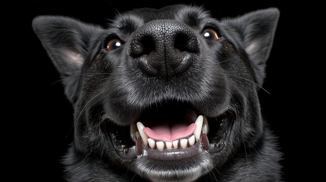 Black dog smiling with close-up on snout and teeth, cheerful pet concept