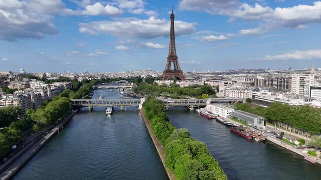 Paris Skyline At Paris In France Island France. Highrise Eiffel Tower. Downtown Cityscape. Paris Skyline At Paris In France Island France. Seine River Skyline. Metropolitan Region Aerial View.