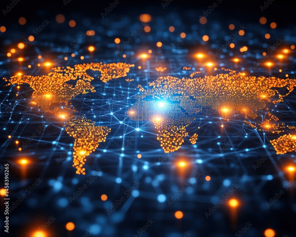 Aufkleber Global communication network represented by a world map constructed from digital glowing particles and interconnected with illuminated lines.