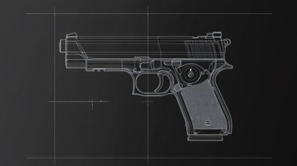 Handgun technical line drawing weapon blueprint illustration