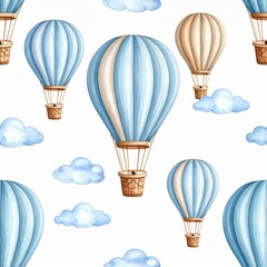 Beautiful seamless pattern with hand drawn air balloons and clouds. Stock illustration. 