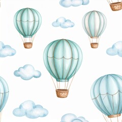 Obraz premium Beautiful seamless pattern with hand drawn air balloons and clouds. Stock illustration. 