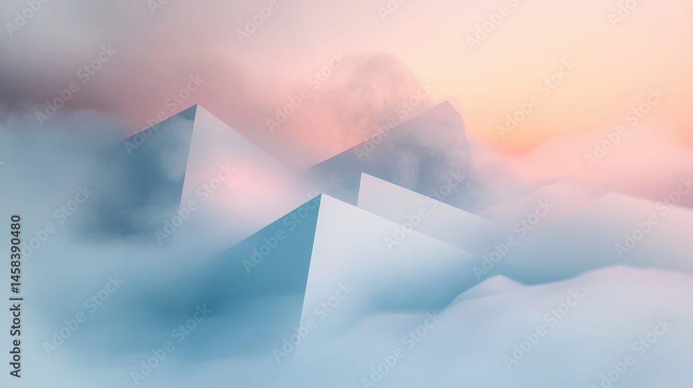 Poster abstract pyramids amidst the clouds: the image features surreal pyramids emerging gracefully from a 