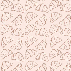 Hand drawn seamless pattern with croissants in clean line style. Perfect for bakery branding, packaging, wrapping paper, textile design or kitchen themed decor.