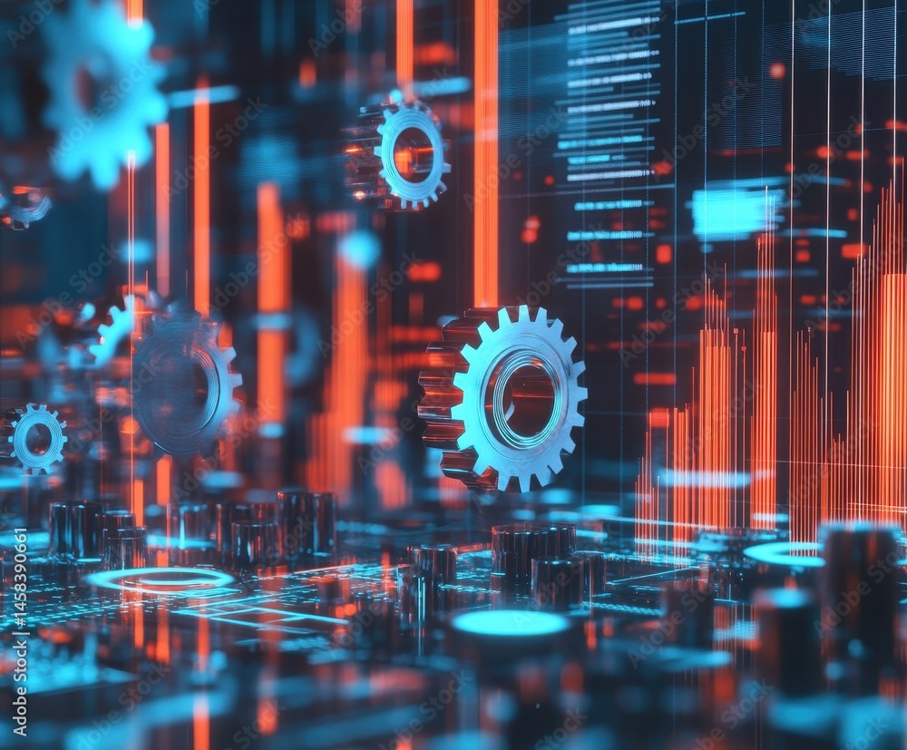 Poster mechanical gears in the matrix: immerse yourself in the mesmerizing world of technology. floating ge